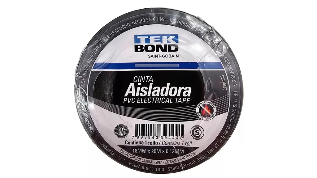 CINTA AISLADORA 18mm x 20m NEGRA &quot;TEKBOND&quot;